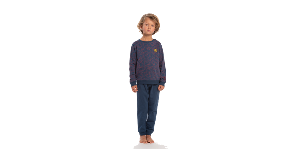 De bijzonder comfortabele pyjama Petrus van Eskimo met fleece voering voor heerlijk warme dromen. Ideaal om in te slapen of als homewear. Zowel de enkels als de polsen hebben een elastische effen marine boord. De trui is in marine met een bordeaux prin