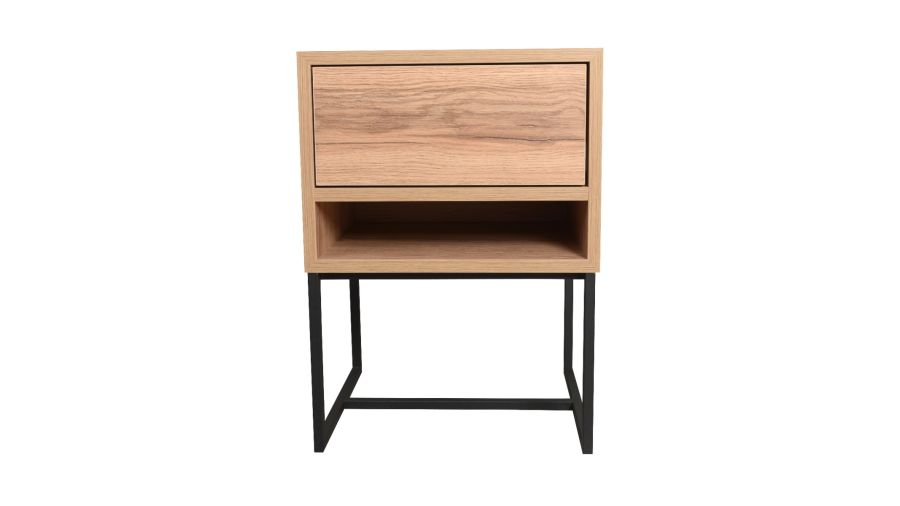 De Nachttafel Trinity van Nomade is een houten nachtkastje (MDF) in kleur eik met een push-open lade.  De zwarte metalen poten geven het een tijdloos design.  Onder de lade is een open vak om uw boek of tijdschrift in te leggen.